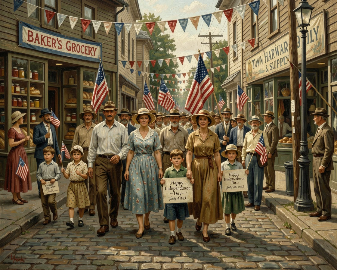 A summer 4th of July parade marching down a small-town main street, with cozy, festive details adding charm to the setting, evoking cherished holiday memories and nostalgic feeling