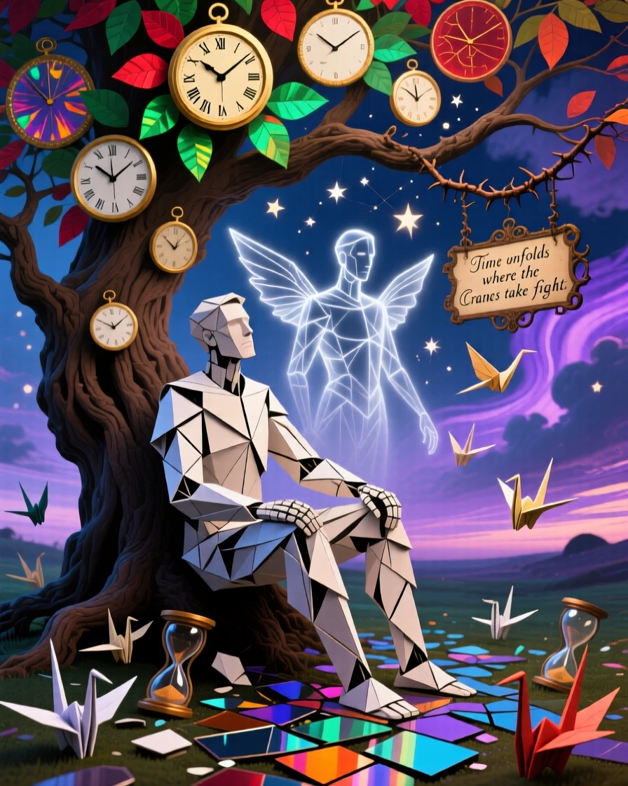 A man made entirely of folded paper cranes sits beneath a tree whose leaves are made of clock faces, while a second, ghostly version of them lingers behind.