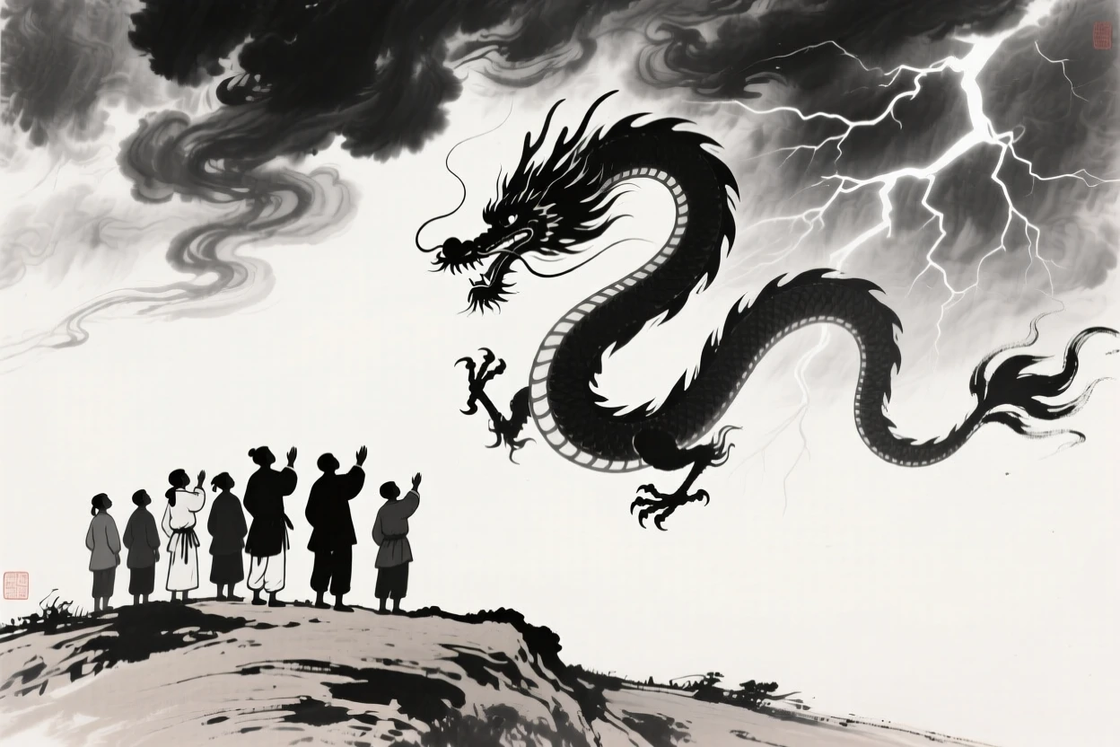Villagers watch as a dragon spirals upward into a stormy sky, beneath swirling clouds lit by distant lightning.