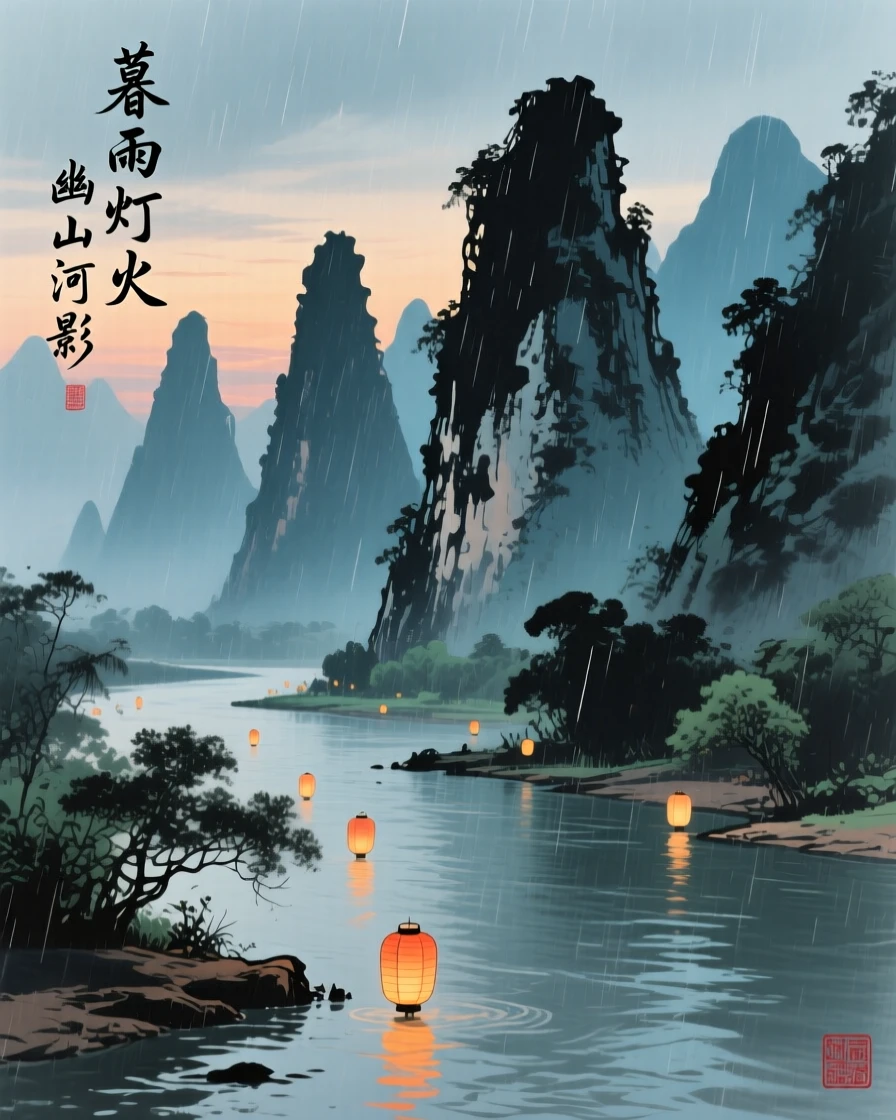 A range of jagged limestone karst peaks rising from a river, touched with gentle melancholy, as lanterns are lit for the evening, through a curtain of fine rain.