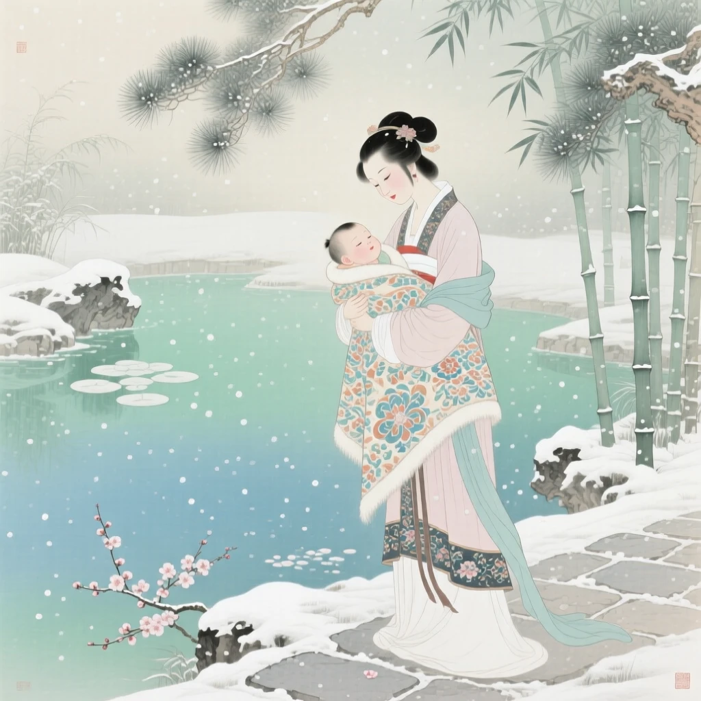 A mother wrapping her child in a warm blanket during a snowfall, beside a quiet garden pond