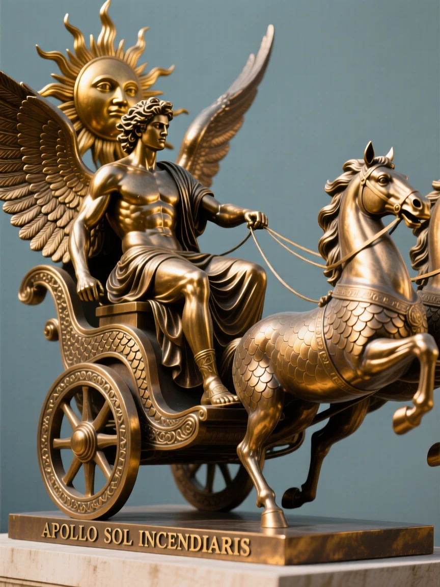 Apollo driving his golden sun chariot, with intricate scale and feather detail, radiating awe and grandeur