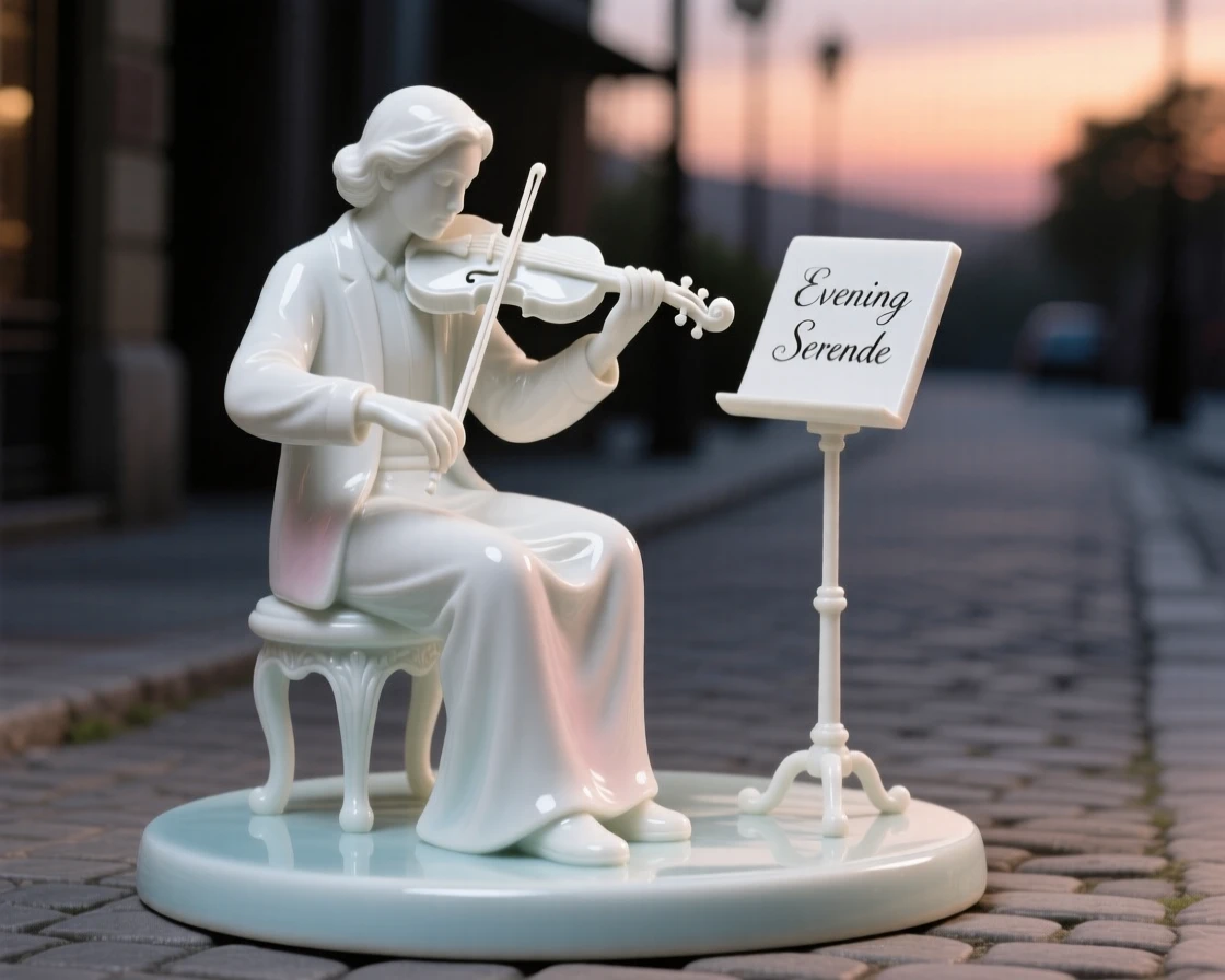 An everyday moment of quiet beauty: a street musician playing at dusk, quiet, warm, and full of gentle charm.