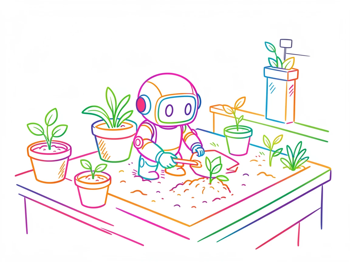 A tiny robot character planting seeds in a rooftop garden.
