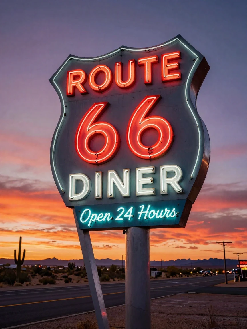 A Route 66 vintage diner sign glowing at dusk