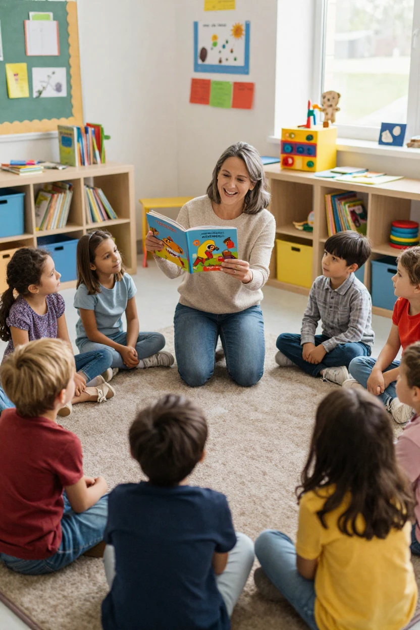A teacher reads a story aloud, holding the book up so every child can see the pictures.