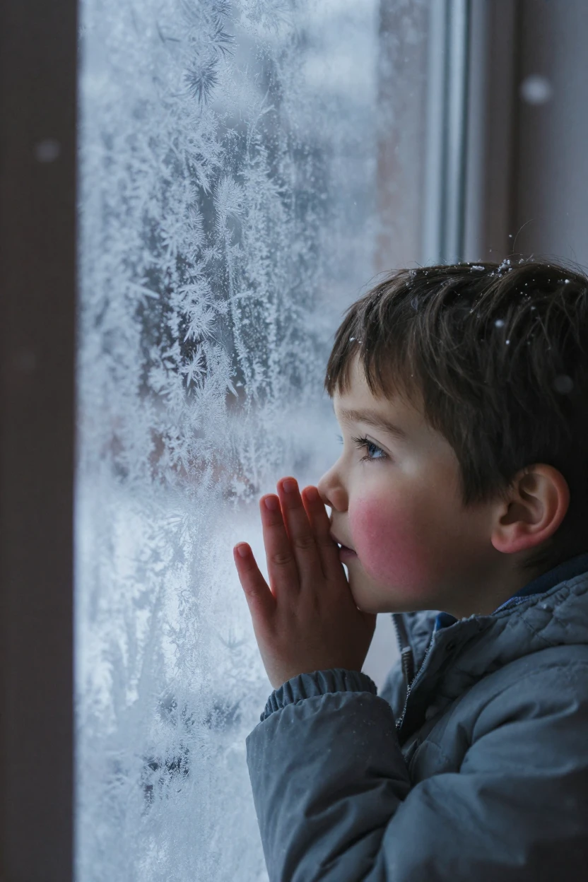 A child pressing their nose against a frosty window watching snow fall