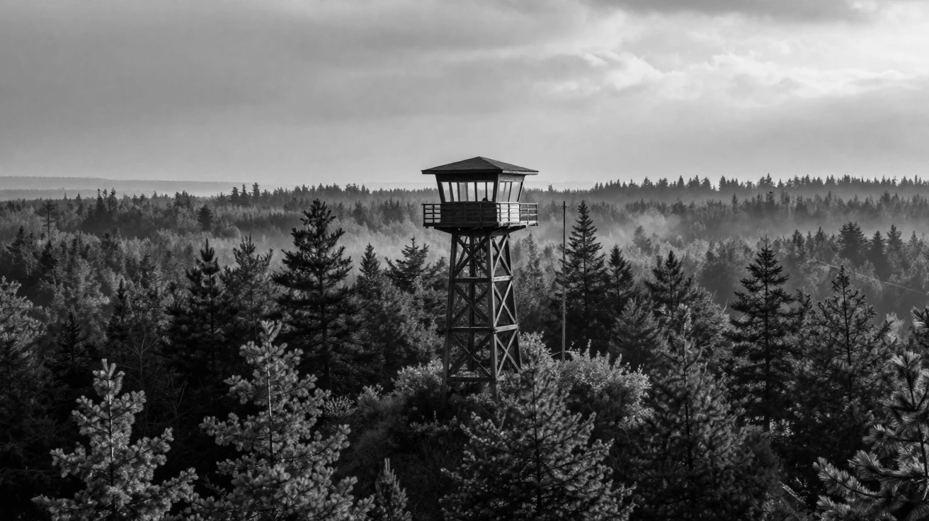A wildfire lookout tower stands watch over endless forest above a vast timberland.