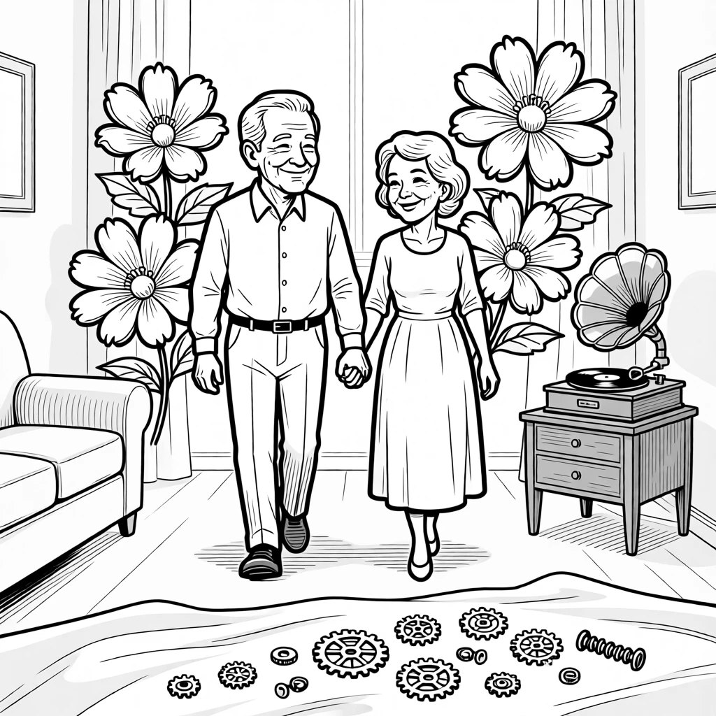An elderly couple holding hands on a long walk, beaming proudly beside blooms twice the usual size, set in a cozy living room with an old record player. Tiny gears and springs are scattered neatly on a cloth. It feels like a living memory, cherished and ongoing.