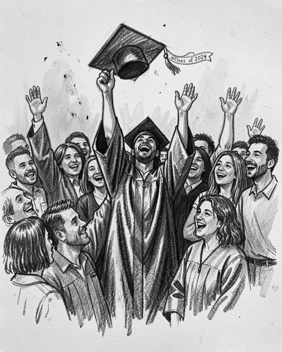 A graduate throwing their cap into the air in celebration, with everyone gathered close together.