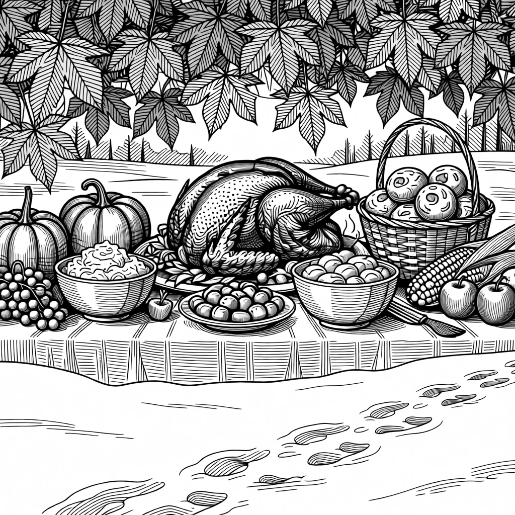 A thanksgiving table laden with a harvest feast under a canopy of autumn leaves in every shade of gold, with footprints trailing through fresh snow, capturing a joyfully nostalgic seasonal moment.