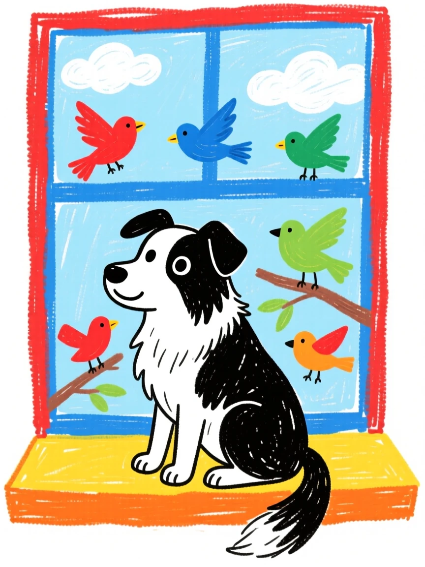 A loyal border collie watching birds from a windowsill.