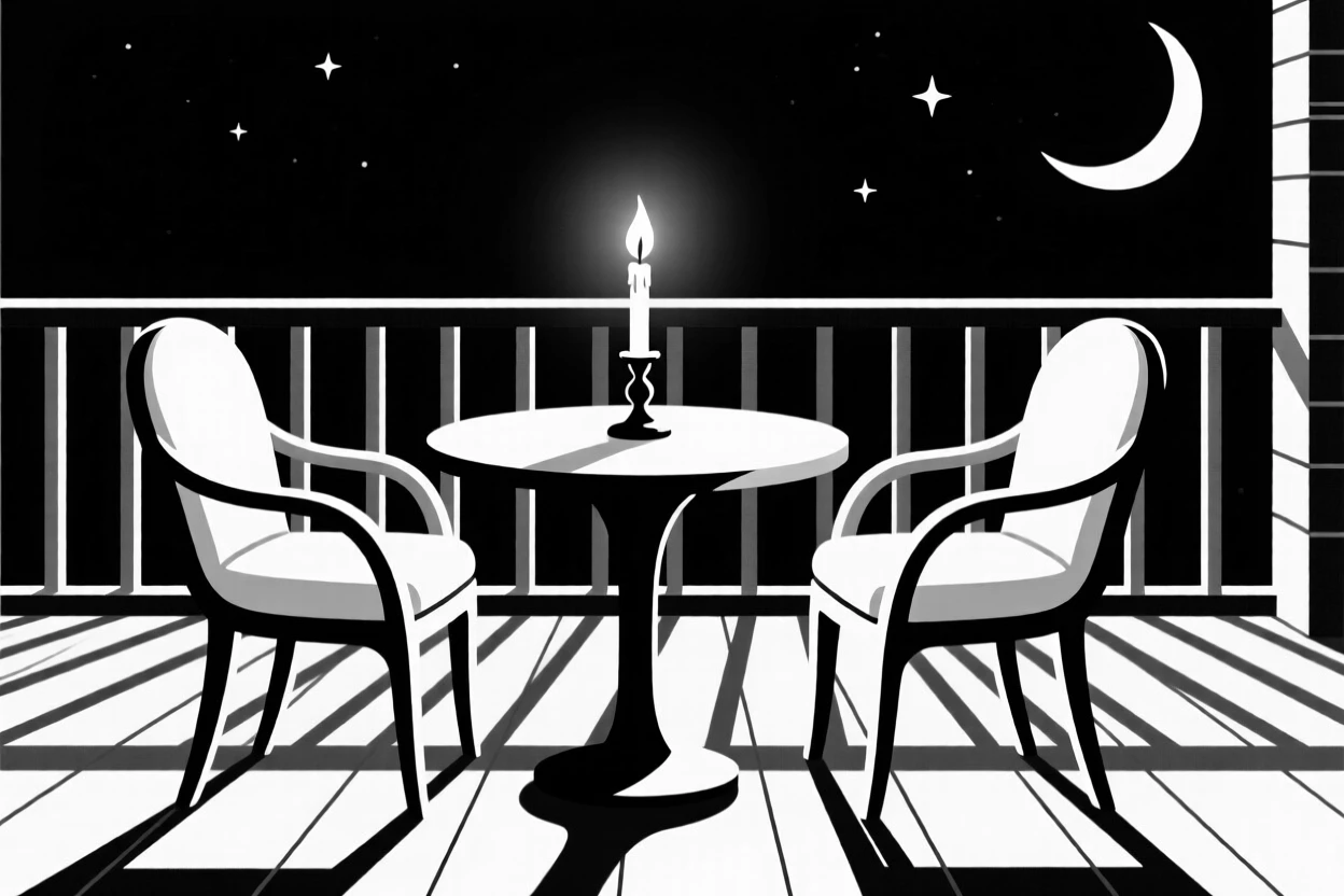 A candlelit dinner for two on a quiet terrace.