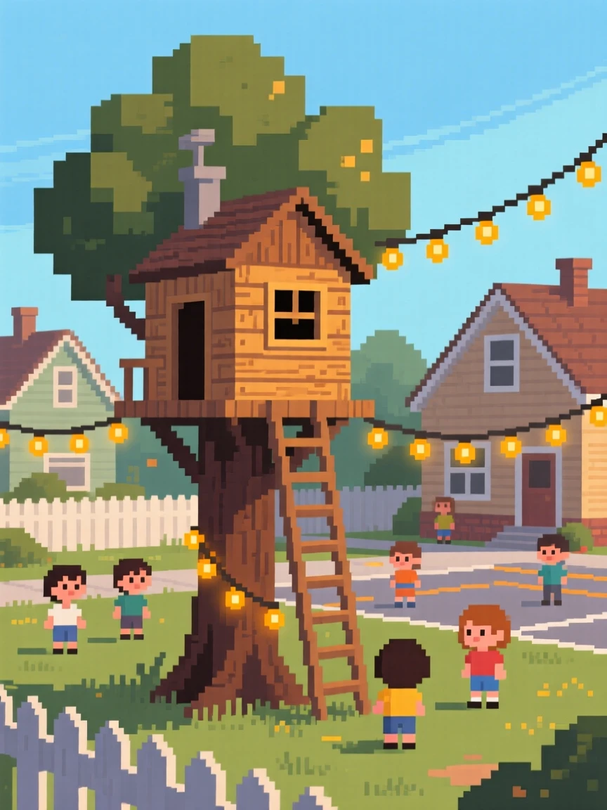 A treehouse built by neighborhood kids lit by string lights strung between houses, in a schoolyard during recess.