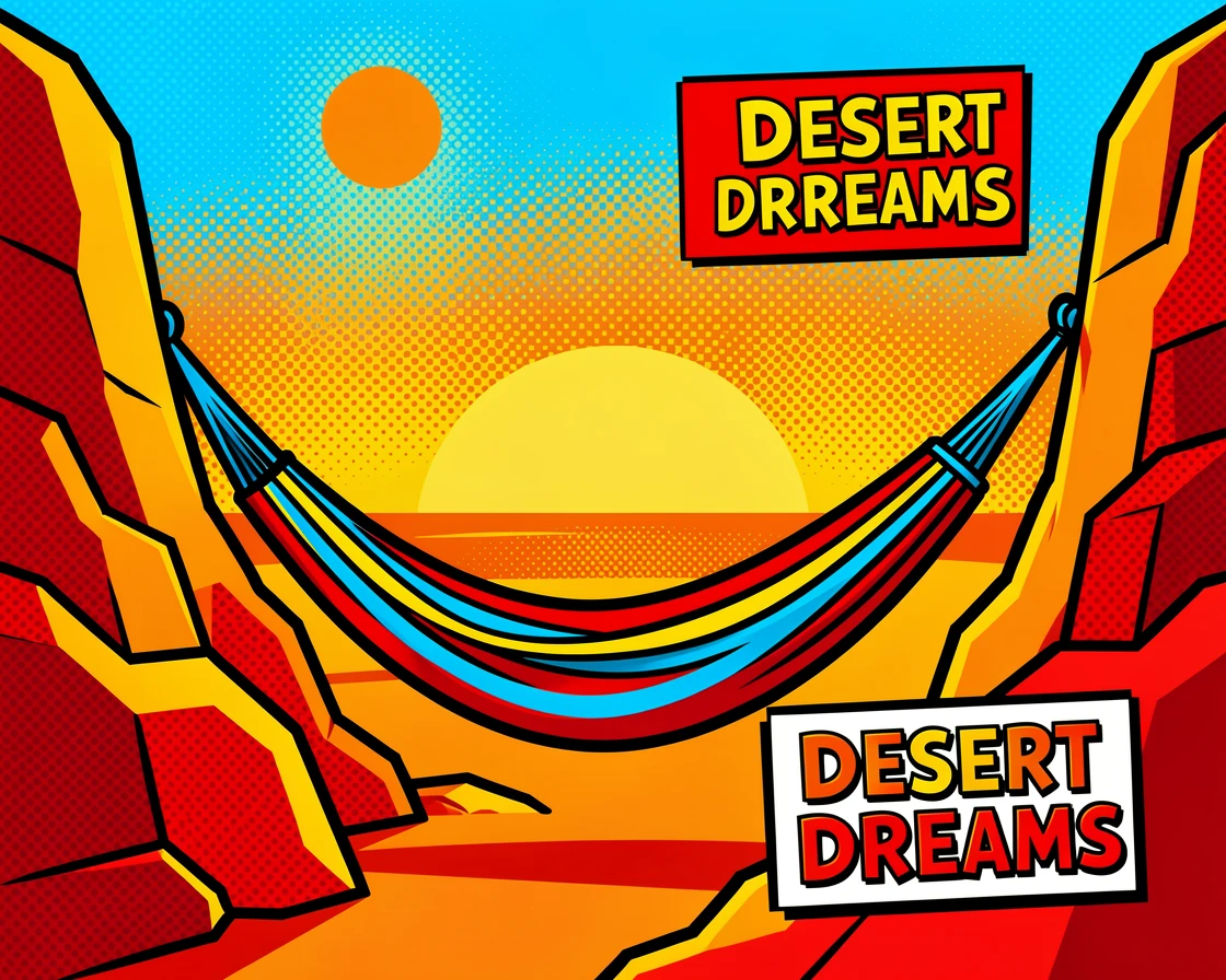 A hammock strung between rock formations in the desert