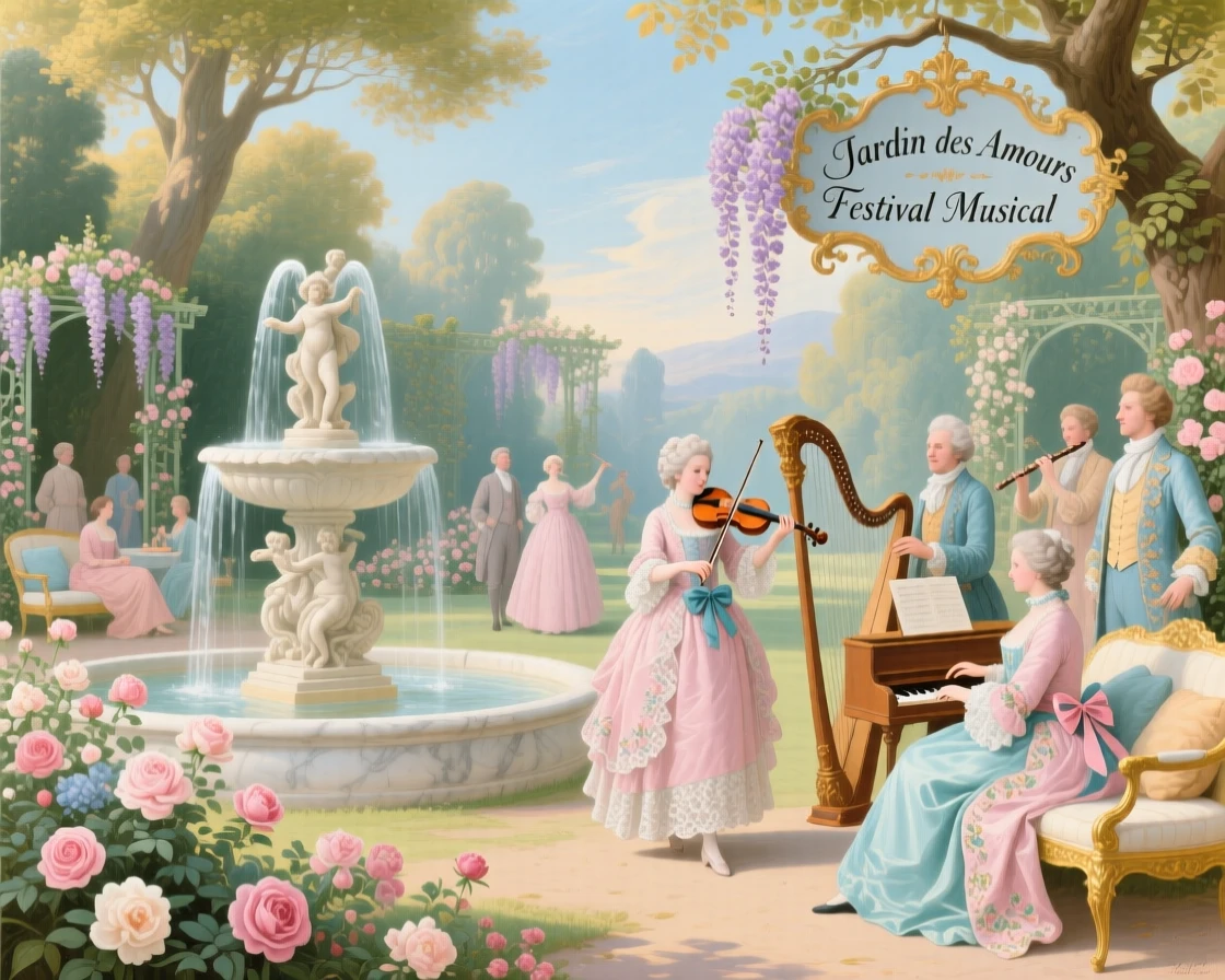 A garden party where musicians play beside a marble fountain  