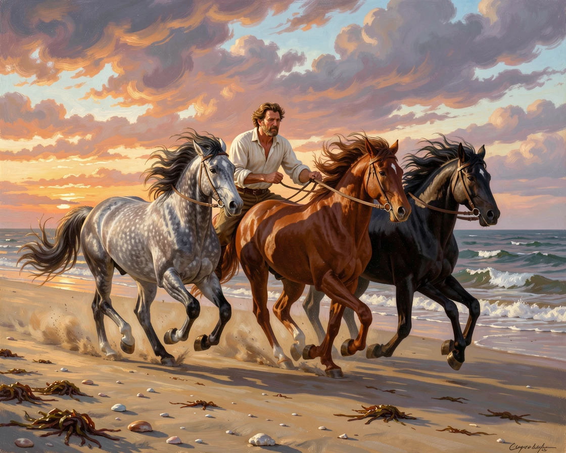 A farmer and his draft horses races freely across a windswept beach at sunset as the wind streams through their manes.