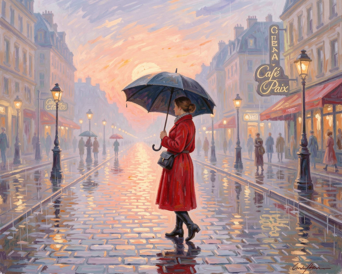 A woman in a red coat crossing a rain-soaked street beneath a black umbrella, city lights reflected in puddles, under a glowing sunset sky, evoking a sense of peace and quiet wonder.