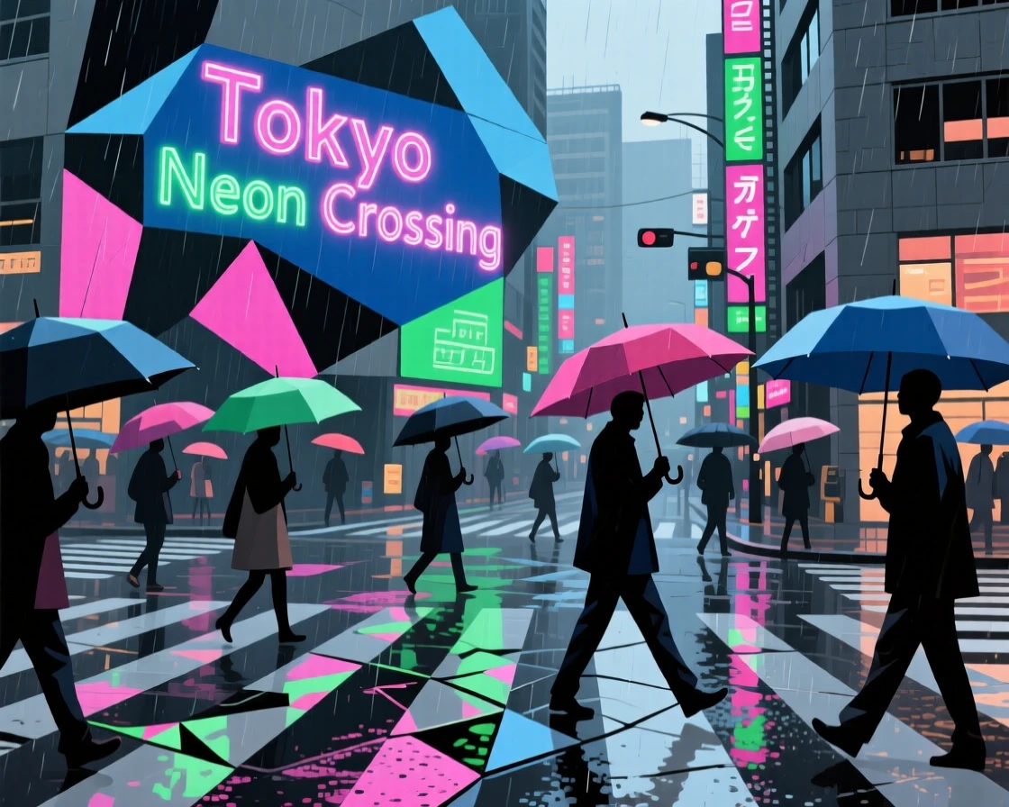 A rainy Tokyo crosswalk illuminated by neon signs and passing umbrellas.