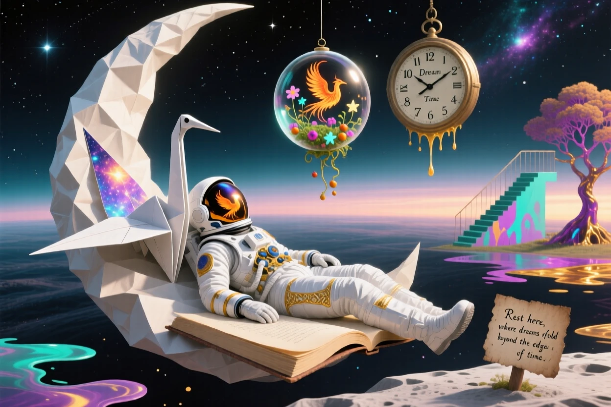 A lone astronaut resting quietly on the surface of a paper moon rests peacefully in a space that feels both familiar and strange, while soft light gathers warmly around their figure.