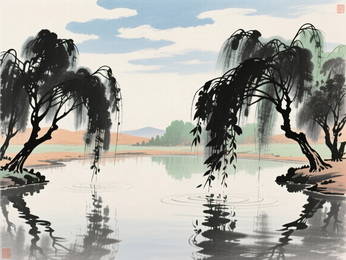 A serene reflecting pool bordered by weeping willows, under drifting clouds, touched with gentle melancholy.