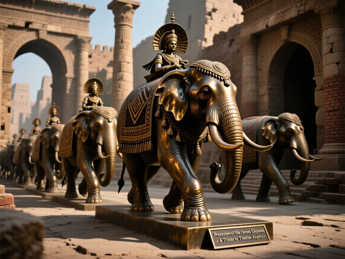 A great procession of elephants through an ancient city, bathed in dramatic, atmospheric light, evoking legend and timeless drama