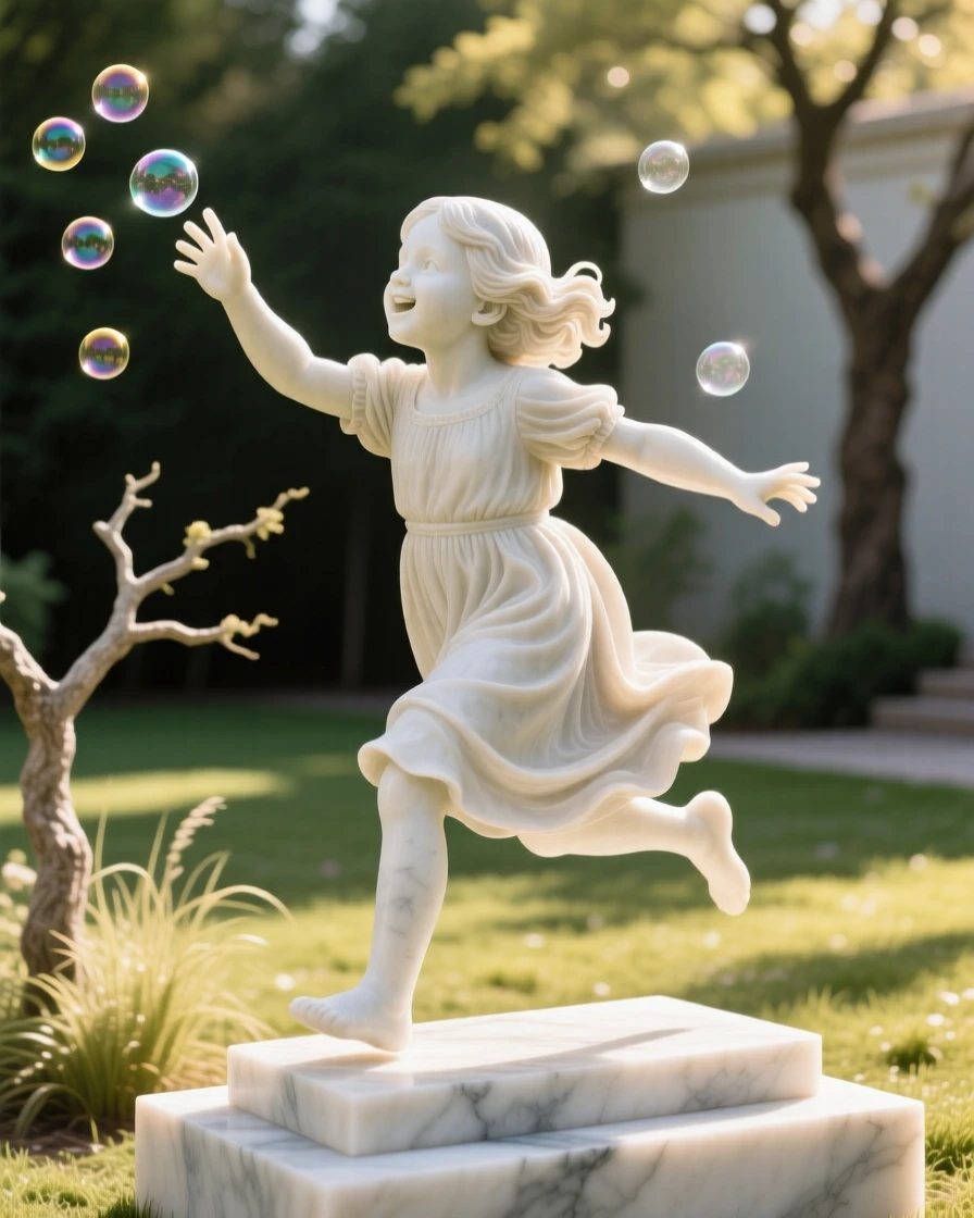 An evocative depiction of a young girl chasing bubbles in a sunlit yard, surrounded by soft, glowing light, balancing detail with emotional depth