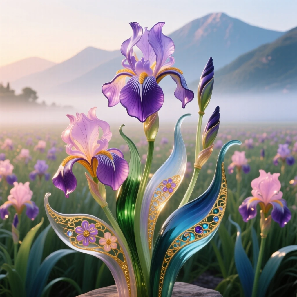 A field of blooming irises stretching toward misty mountain peaks at dawn, elegant and expansive.