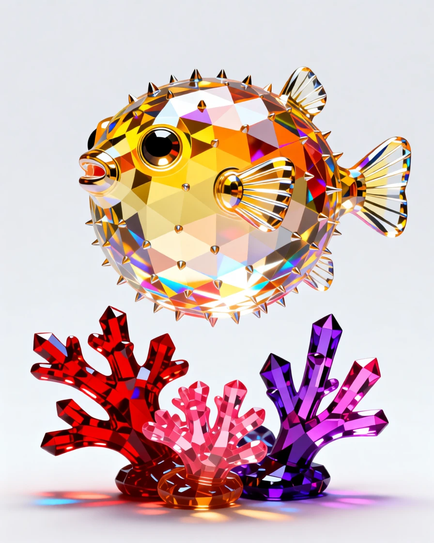 A round baby pufferfish floating curiously near colorful coral.