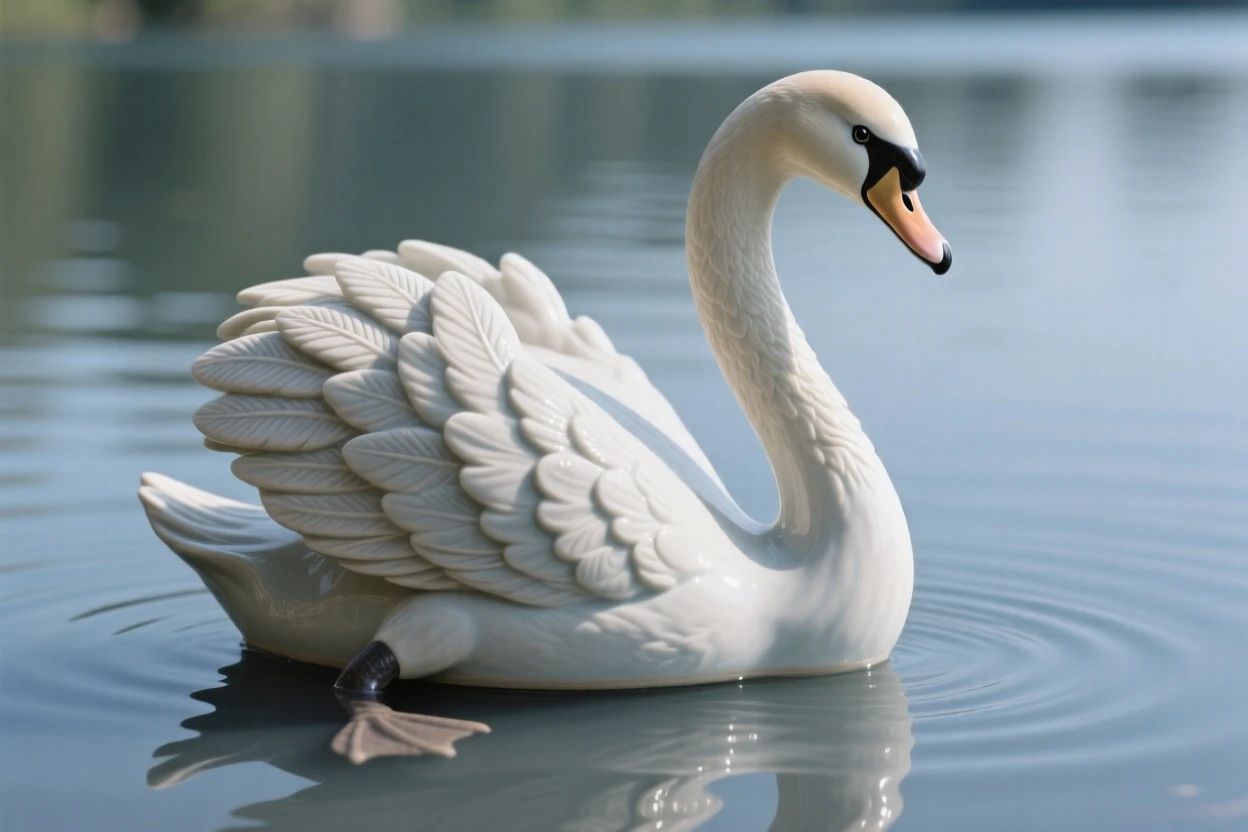 A swan gliding across a still lake standing proudly with plumage on full display, its feathers ruffled gently by the wind, stirring quiet joy and gentle wonder.