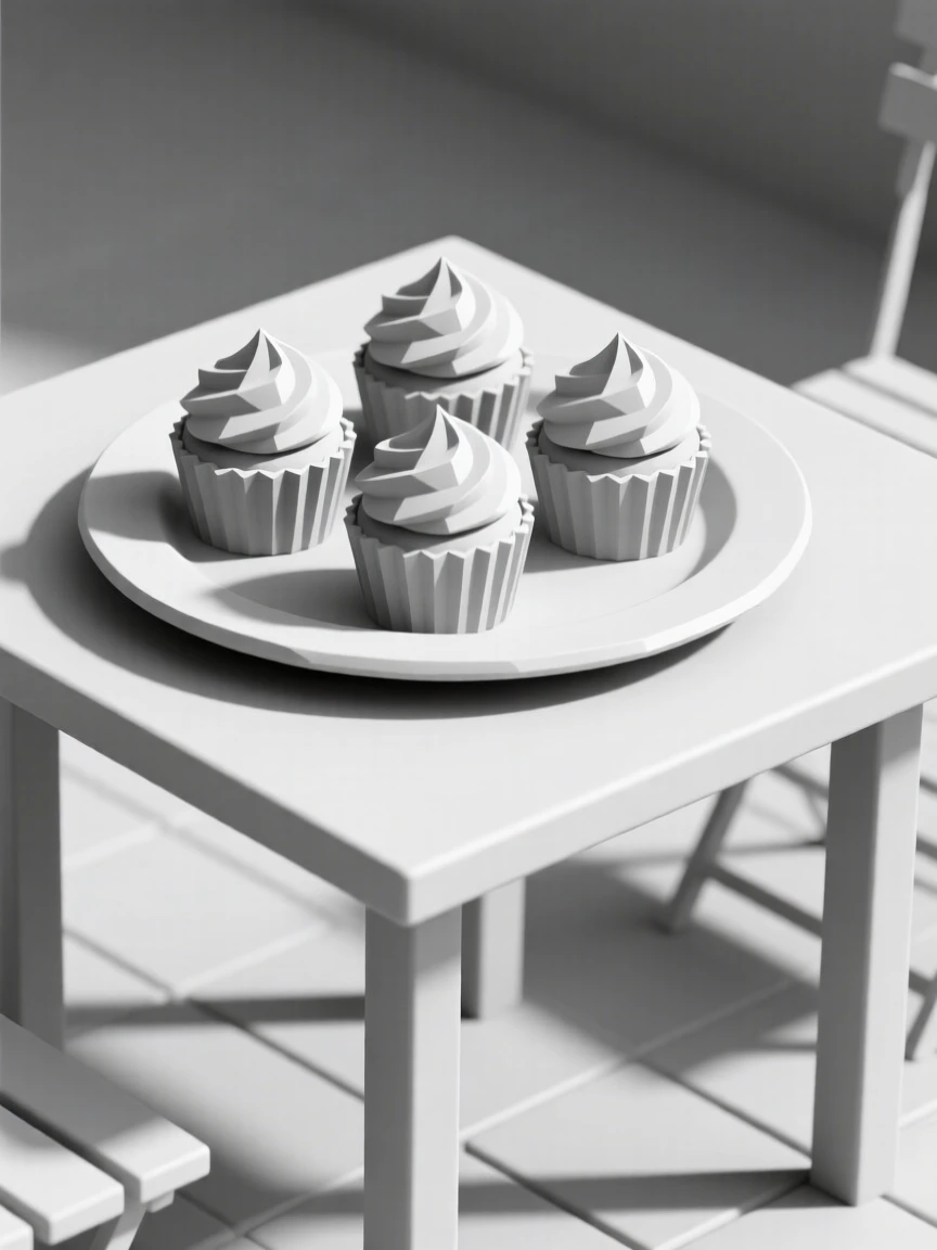 A plate of delicate pastel-colored cupcakes, at an outdoor café table. soft natural light highlights rich textures and colors. The scene feels warm and comforting.
