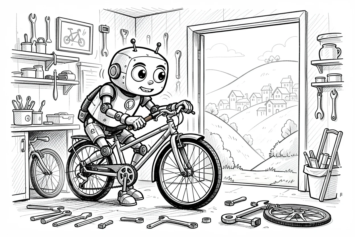 A robot repairing a bicycle in a garage on a hillside overlooking a small town.