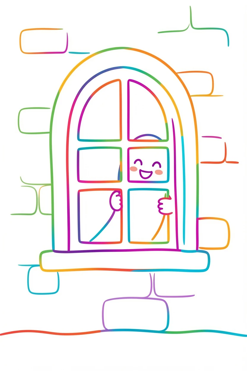 A cheerful ghost character peeking out from behind a haunted house window.