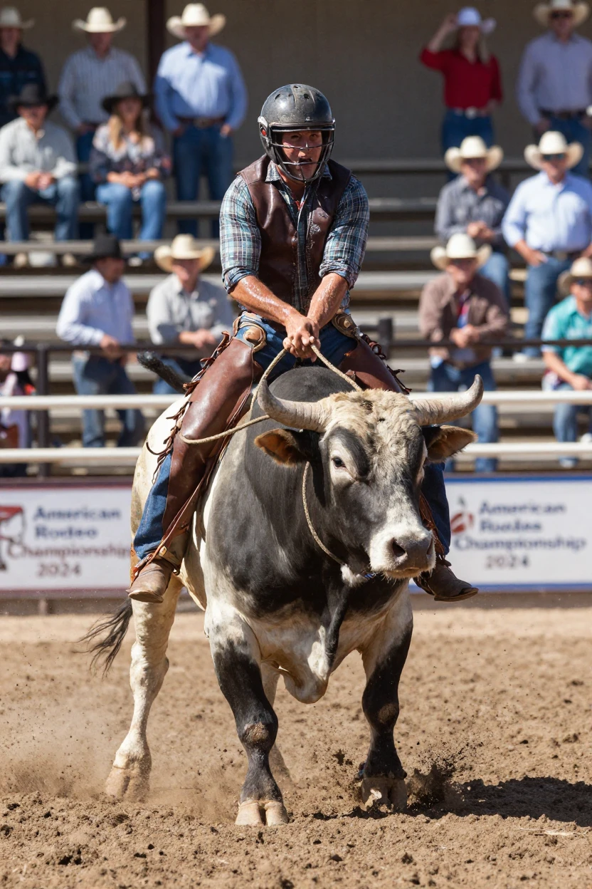 A rodeo bull rider gripping tight during a wild ride