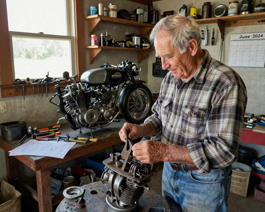 An elderly man restores a vintage motorcycle piece by piece in his garage.