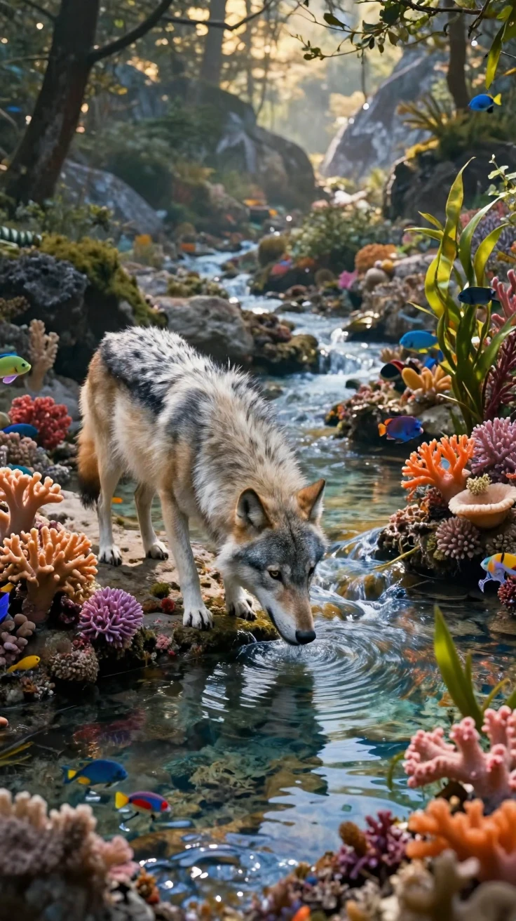 A lone timber wolf drinking from a clear mountain stream within a coral reef teeming with life