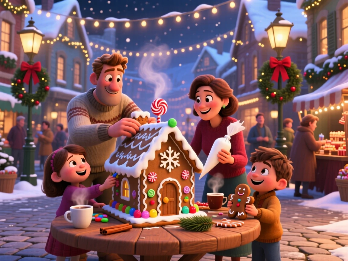 A family building a gingerbread house together happens in a town square decorated for a festival, with the scent of cinnamon and pine lingering nearby. A bright, merry energy fills the entire scene.