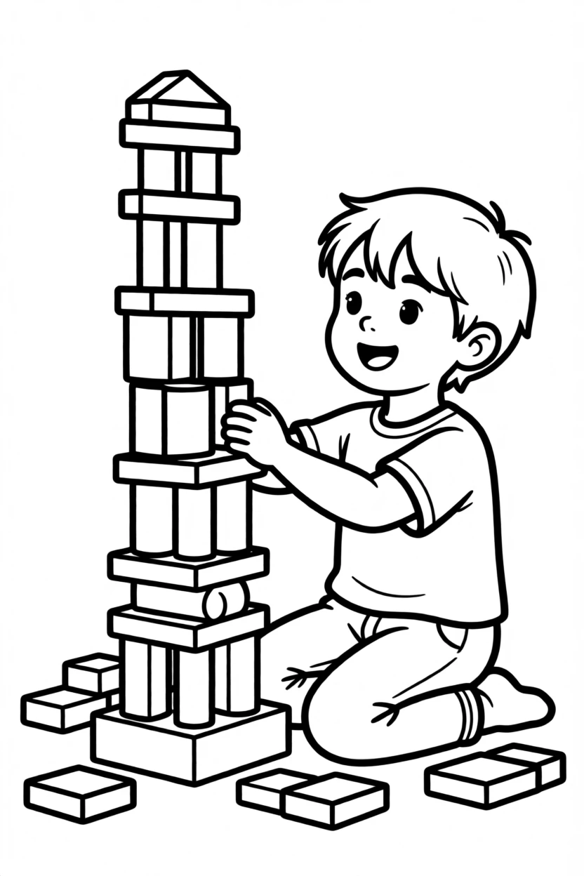 A child building a tall tower out of wooden blocks