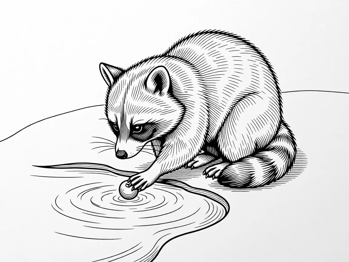 A baby raccoon washing a tiny berry in a stream
