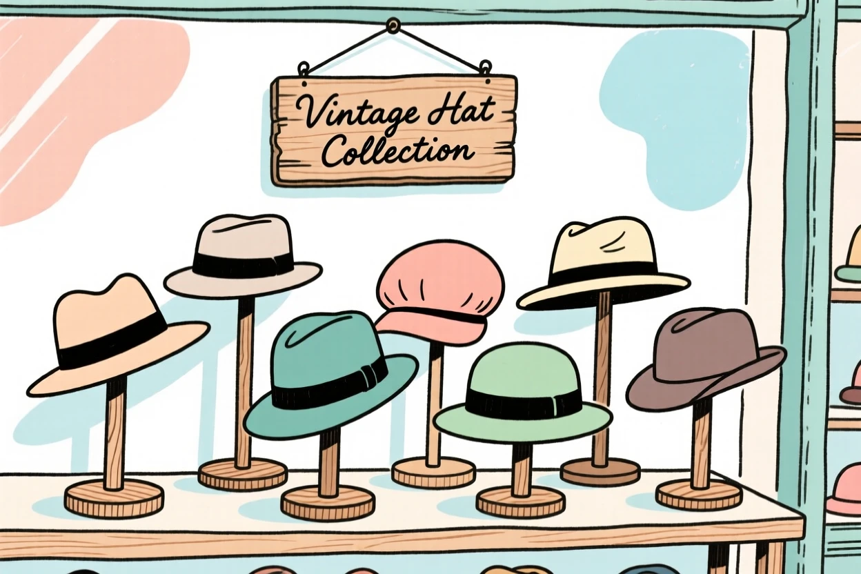A collection of vintage hats displayed on wooden stands in a shop.