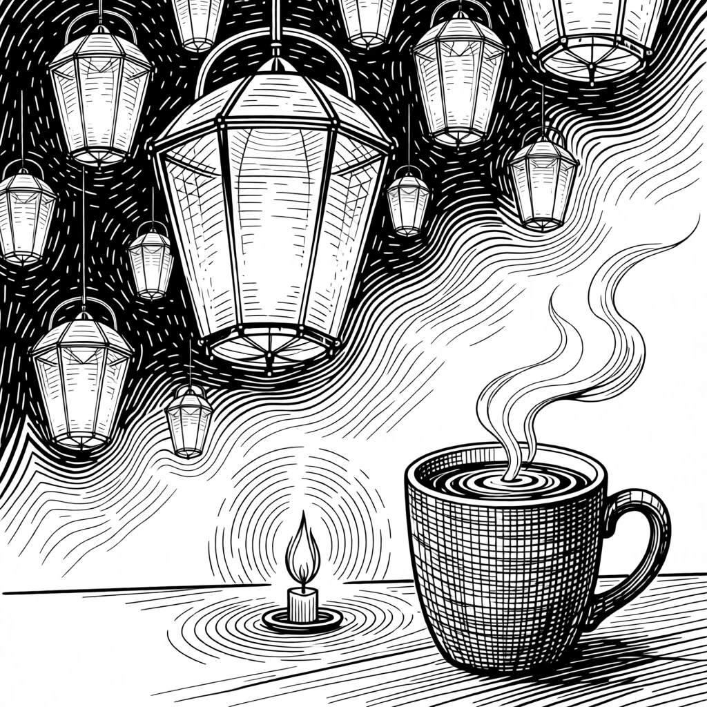 A lantern festival lighting up a night sky with soft candlelight flickering nearby, with a steaming mug of cocoa resting nearby, capturing a richly comforting seasonal moment.