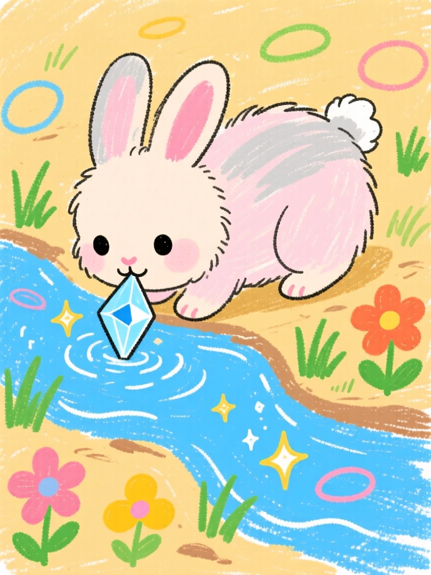 A soft baby bunny drinking from a small crystal-clear stream.