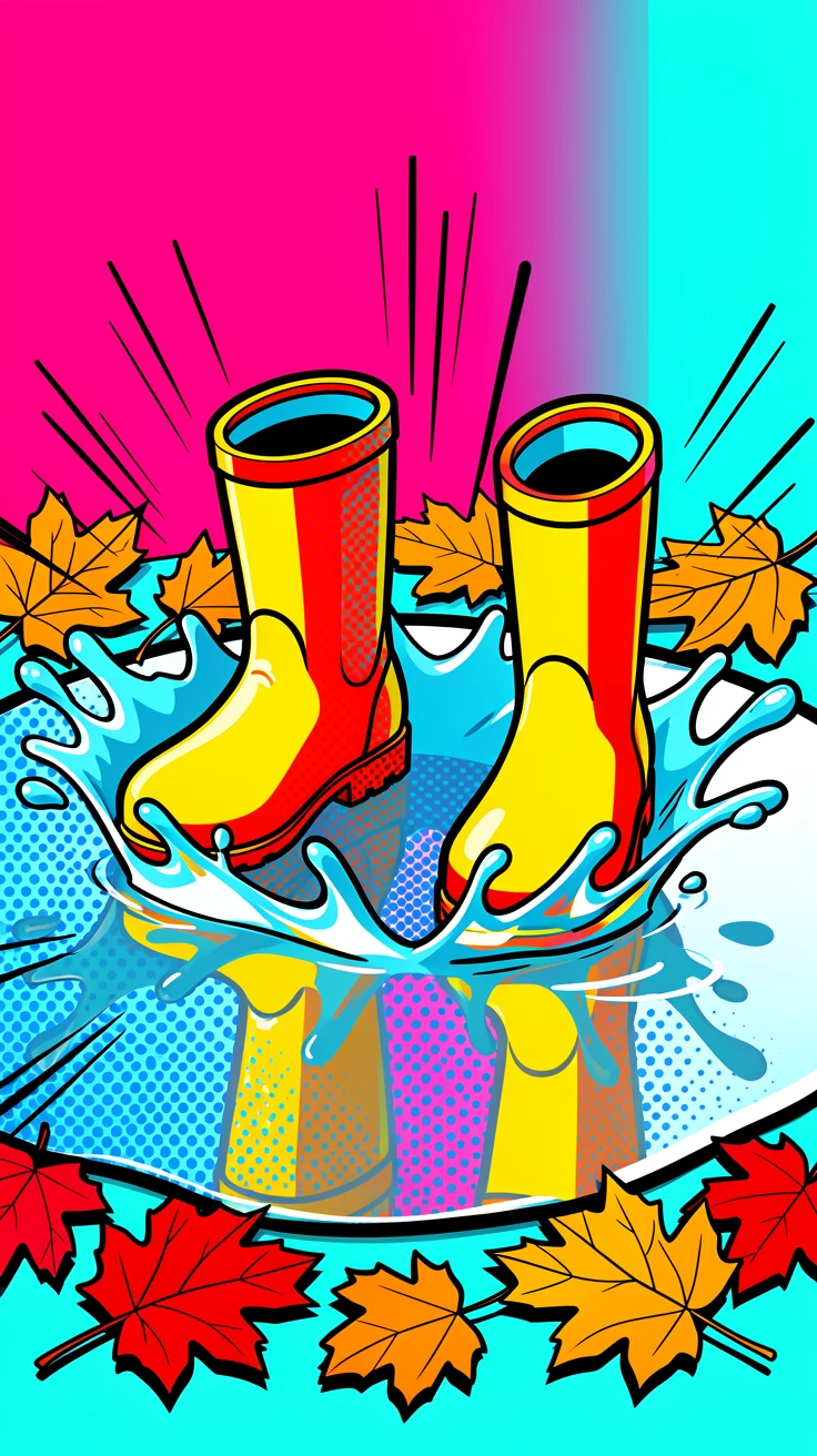 A child's rain boots splashing through a puddle lined with fallen leaves