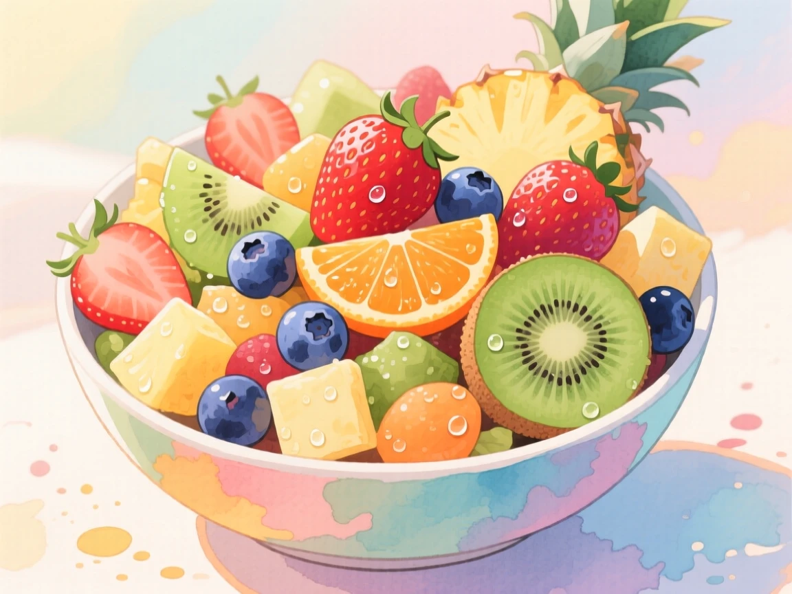 A colorful bowl of fresh fruit salad glistening with morning dew, evoking warmth, comfort, and togetherness.