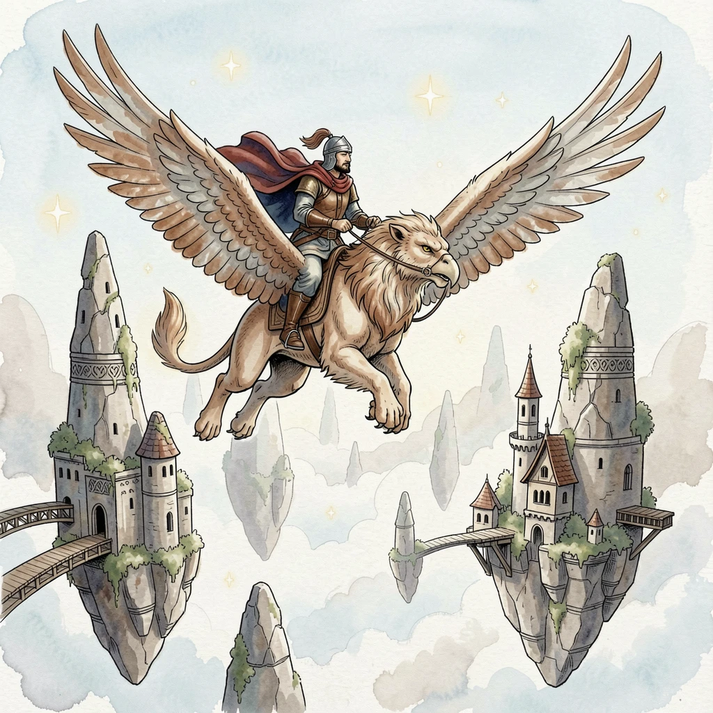 A griffin rider soaring above a kingdom of floating stone spires, stars or glowing motes drifting gently through the air.