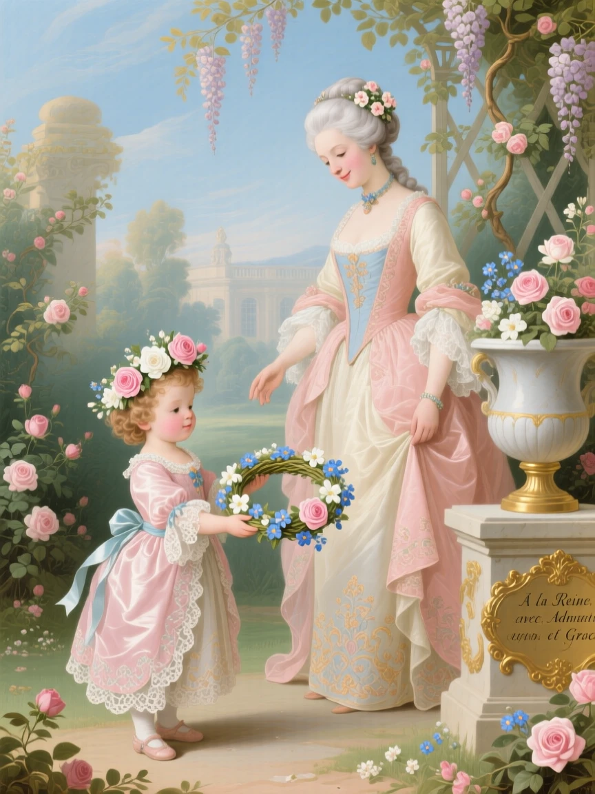 A royal child presenting a flower crown to a visiting queen  
