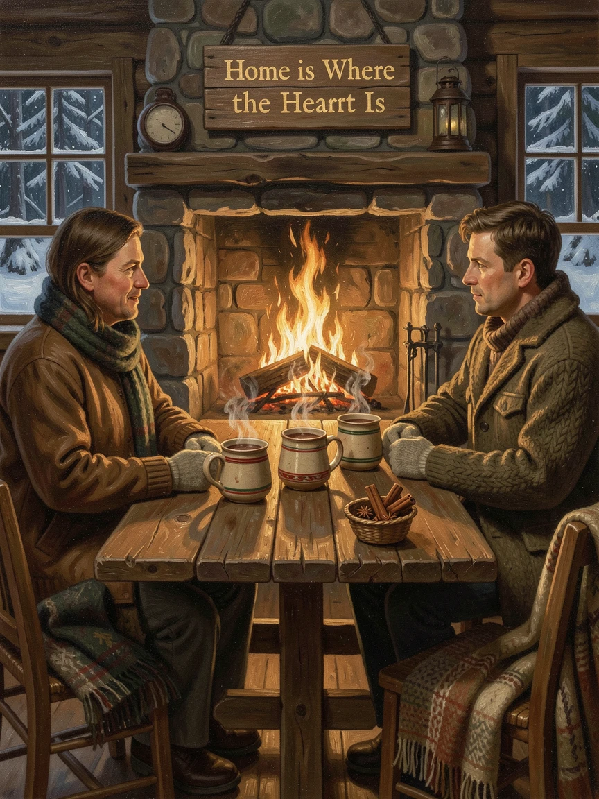 A cozy winter evening with mugs of hot cocoa by a roaring fire, as the whole scene radiates warmth and togetherness, evoking cherished holiday memories and nostalgic feeling