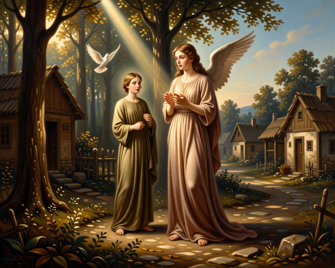 An angel appearing gently before a startled young shepherdess at the quiet culmination of a long inner journey, set within a humble village at the edge of a quiet forest, with a single dove or beam of light marking the sacred moment; the composition places the central figure within a halo of natural light, capturing a timeless moment of grace and gratitude.