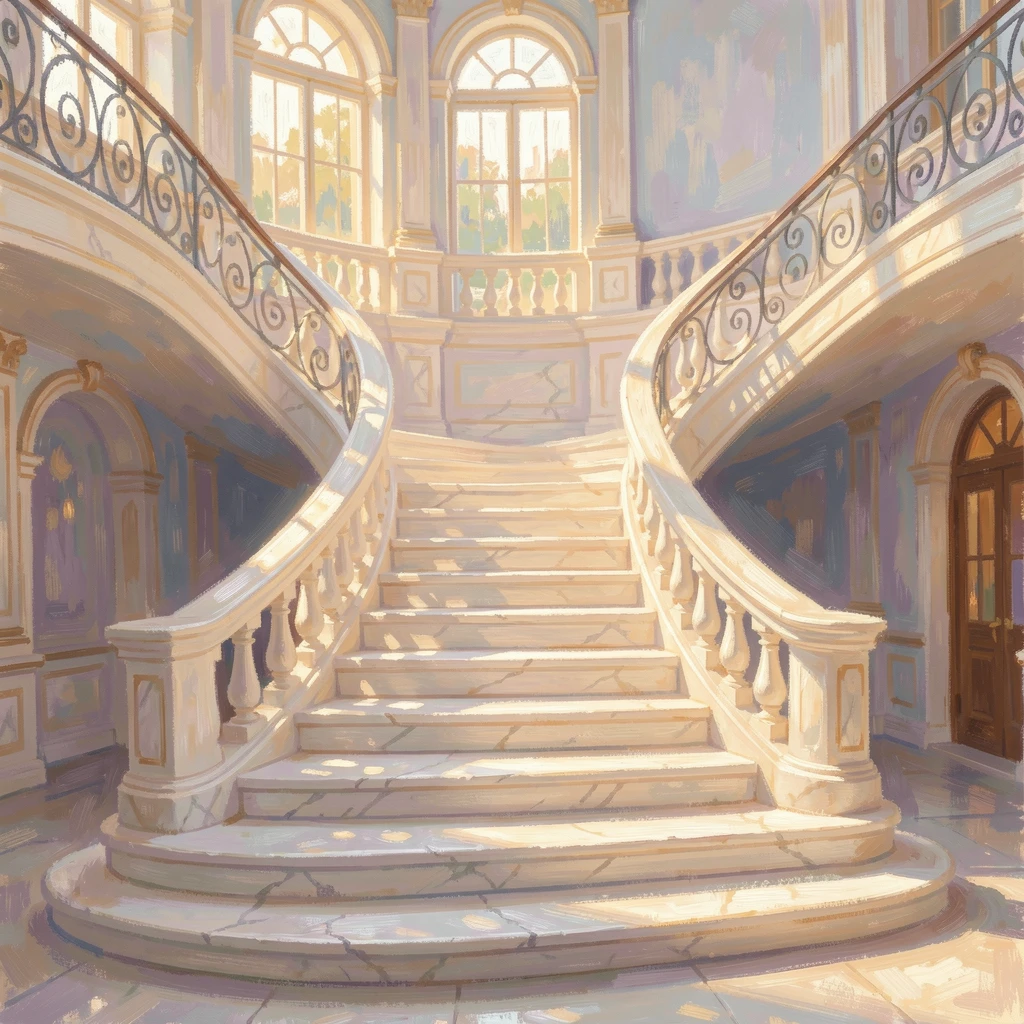 A grand marble staircase spiraling upward inside a sunlit European opera house, during the height of summer, evoking a sense of peace and quiet wonder.