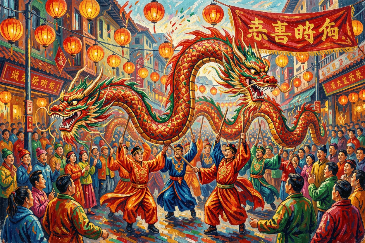 Traditional dragon dancers weaving through crowded streets during a lunar new year parade.